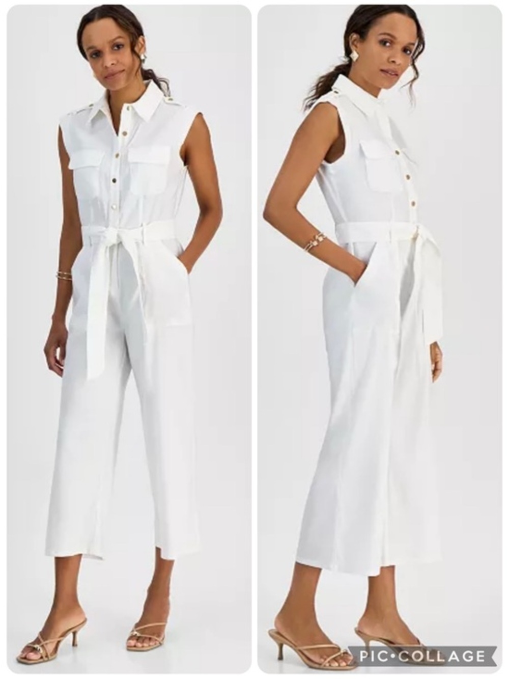 I.N.C. Jumpsuit Cropped Wide Leg White Linen Blend Button-Front 10 Quiet Luxury